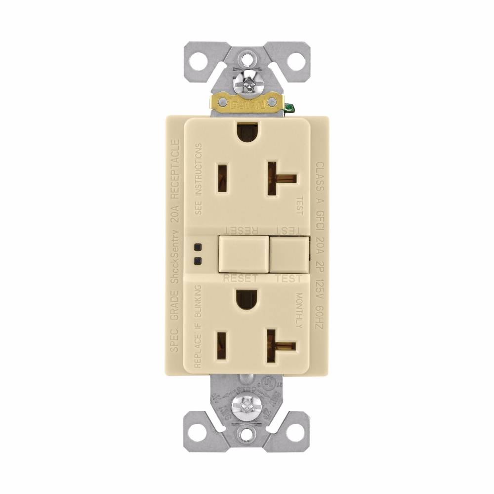 EATON Arrow Hart™ Eaton Wiring Devices SGF20V Duplex Grounding Self-Test GFCI Receptacle, 125 VAC, 20 A, 2 Poles, 3 Wires, Ivory
