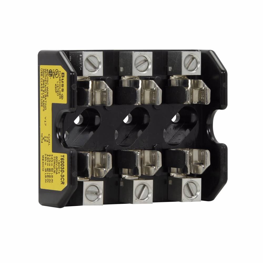Edison T60030-3CR Open Style Fuse Block, 600 VAC/VDC, 1/2 to 30 A, T Class, 14 to 2 AWG Wire, 3 Poles