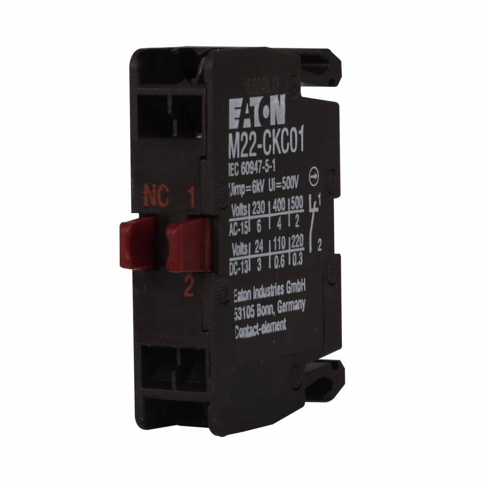 EATON RMQ-Titan® M22-CKC01 Emergency Stop Non-Illuminated Contact Block, 22.5 mm, 1NC Contact, 6 A at 240 VAC, 3 A at 24 VDC Contact, Black