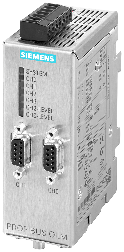 Siemens 6GK15034CB00 PROFIBUS Optical Link Module w/ (2) RS485, (2) Glass Fiber Optic Cable Interfaces (4 BFOC Sockets), (1) Signaling Contact, (1) Measuring Output, 24 VDC, 0.2 A, 9.6 kbps to 12 Mbps Communication