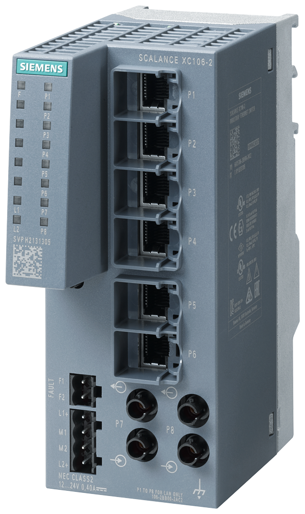 Siemens 6GK51062BB002AC2 SCALANCE XC106-2 Unmanaged Ethernet Switch, (6) RJ45, (2) Multi-Mode BFOC Port, PRP Protocol