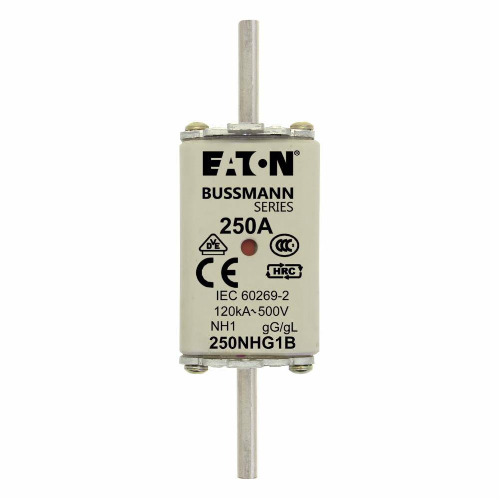 EATON Bussmann Edison 250NHG1B Size 1 Dual Indicator NH Fuse Link, 500 V, 250 A, For Use With Bussmann NH Size Photovoltaic Fuse, Class C gG/gL Fuse, Ceramic