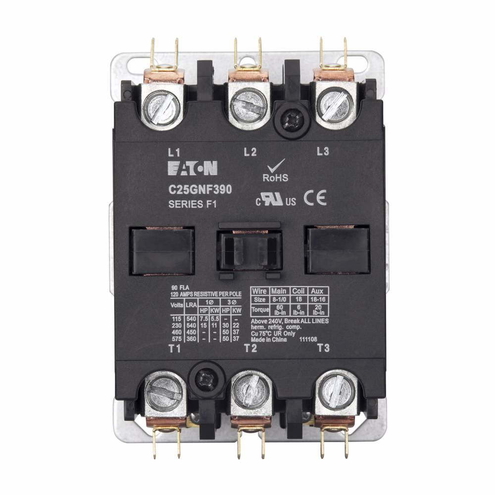 EATON C25GNF390T Non-Reversing Definite Purpose AC Contactor, 24 VAC V Coil, 90 A, 3 Poles