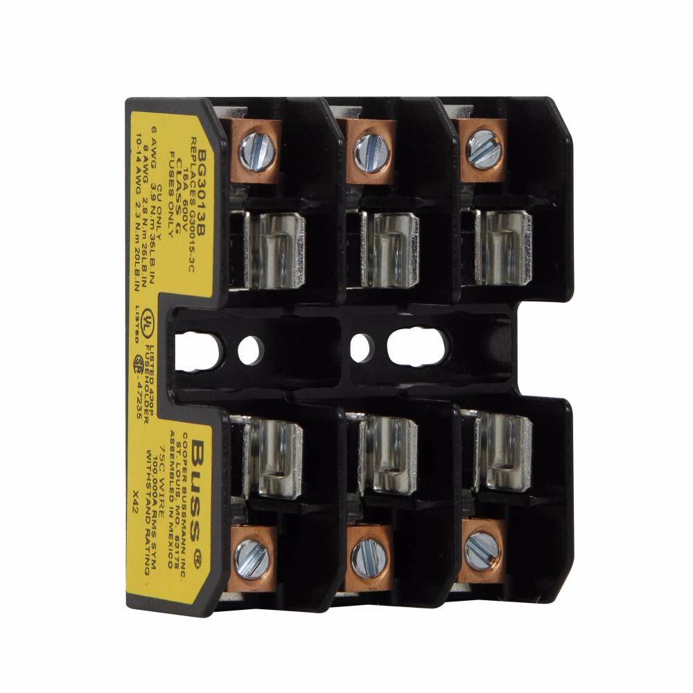 Edison BG3013B Open Style Fuse Block, 600 VAC/VDC, 1 to 15 A, Class: G, 14 to 6 AWG Wire, 3 Poles