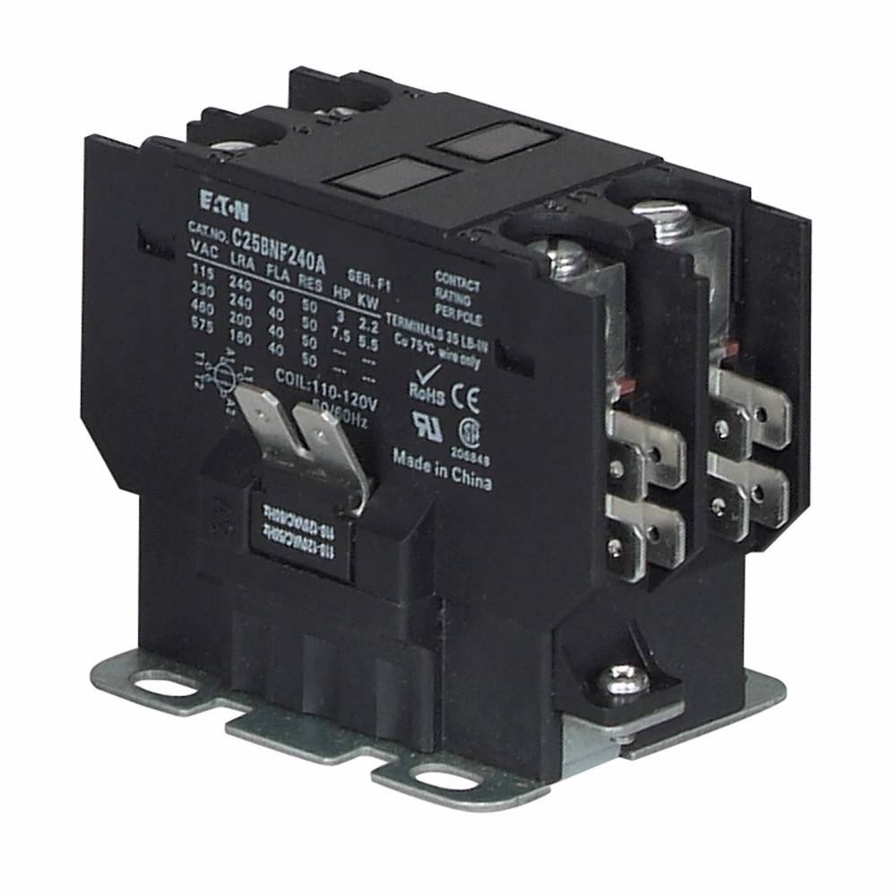 EATON C25BCF240B Compact Non-Reversing Definite Purpose Contactor, 208 to 240 VAC V Coil, 40 A, 1NC Contact, 2 Poles