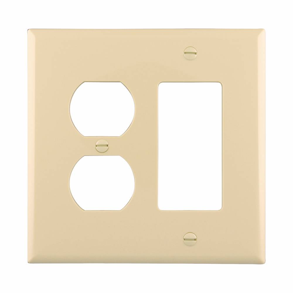 EATON Arrow Hart™ Eaton Wiring Devices PJ826V Mid-Sized Combination Wallplate, 2 Gangs, 4.87 in H x 4.94 in W, Polycarbonate/Thermoplastic, Ivory
