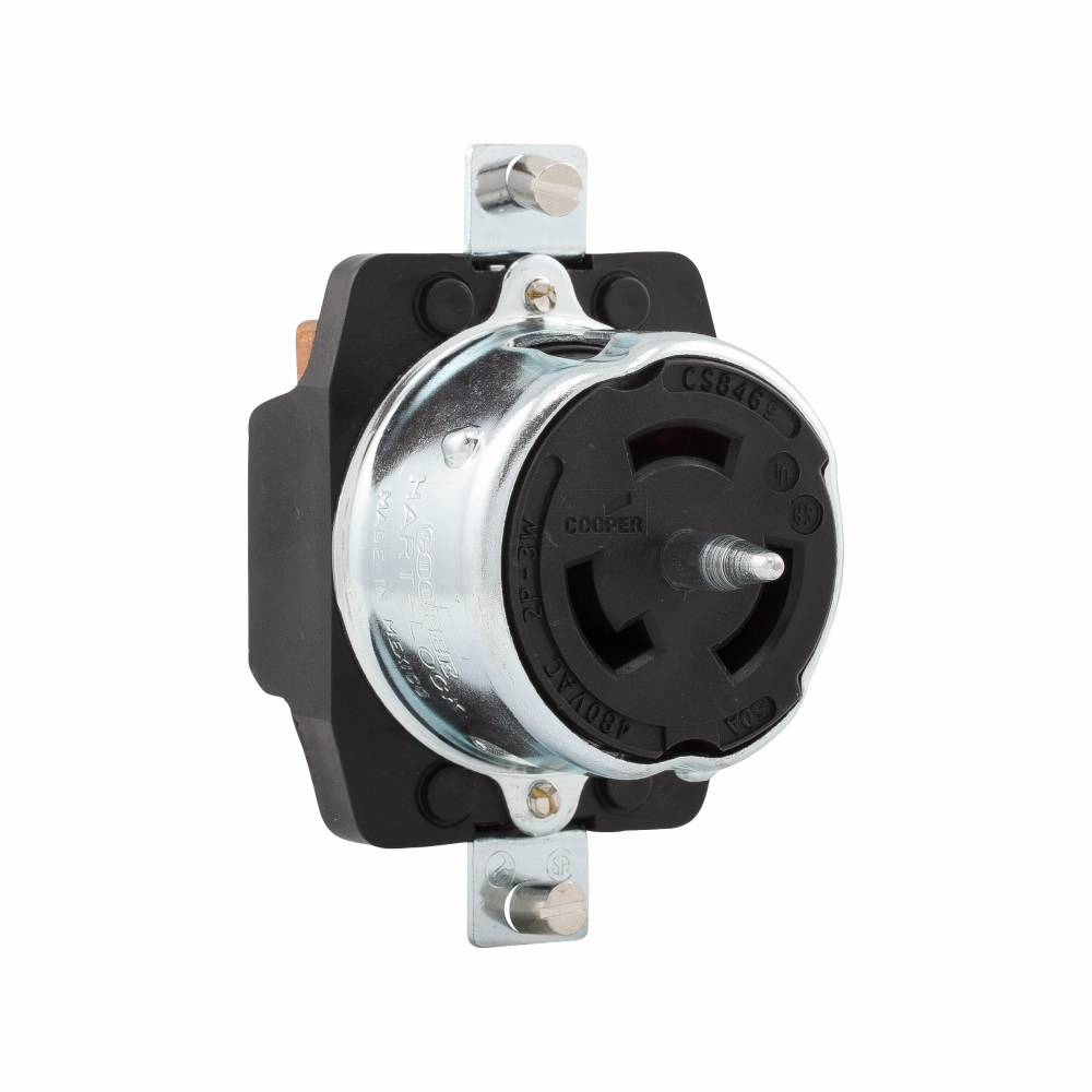 EATON CS8469 Single Locking Receptacle, 480 VAC, 50 A, 2 Poles, 3 Wires, Black