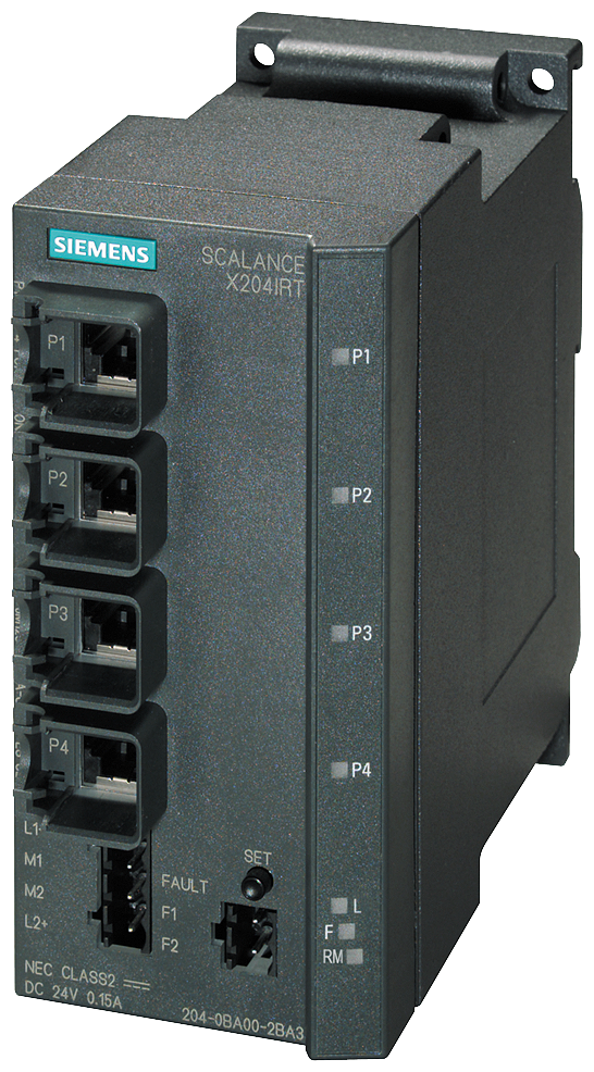 Siemens 6GK52040BA002BA3 SCALANCE X204IRT Managed Industrial Ethernet IRT Switch, (4) RJ-45 Ports for Network Components & Terminal Equipment, (1) 2-Pole Terminal Block for Signaling Contact, (1) 4-Pole Terminal Block for Power Supply Interface
