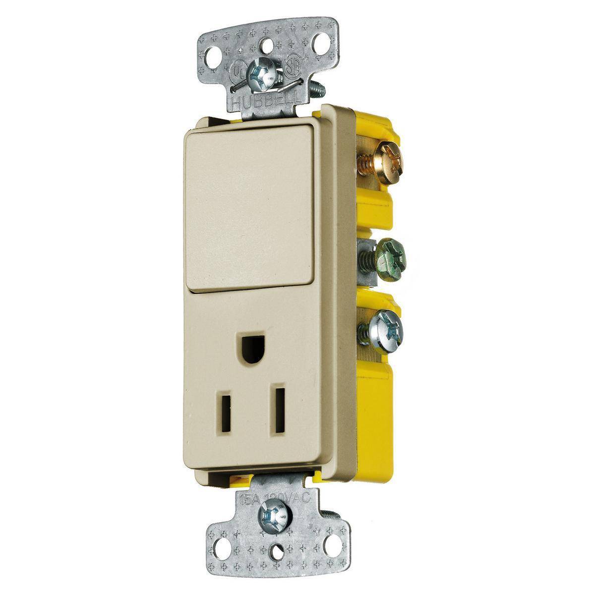 Wiring Device-Kellems RCD108I Decorator 2-Position Decorator Rocker Snap Action Standard Watertight Combination Switch and Receptacle, Electrical Ratings: 120/125 VAC, 15 A, 1 Poles, 3 Wires, 14 to 12 AWG Cu Wire, Snap Switch Reset