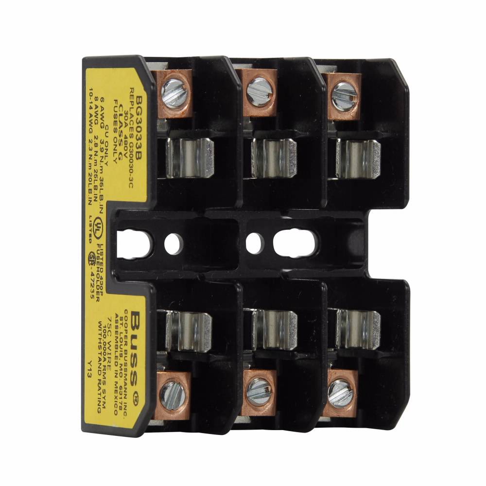Edison BG3033B Open Style Fuse Block, 480 VAC/VDC, 25 to 30 A, Class: G, 14 to 6 AWG Wire, 3 Poles
