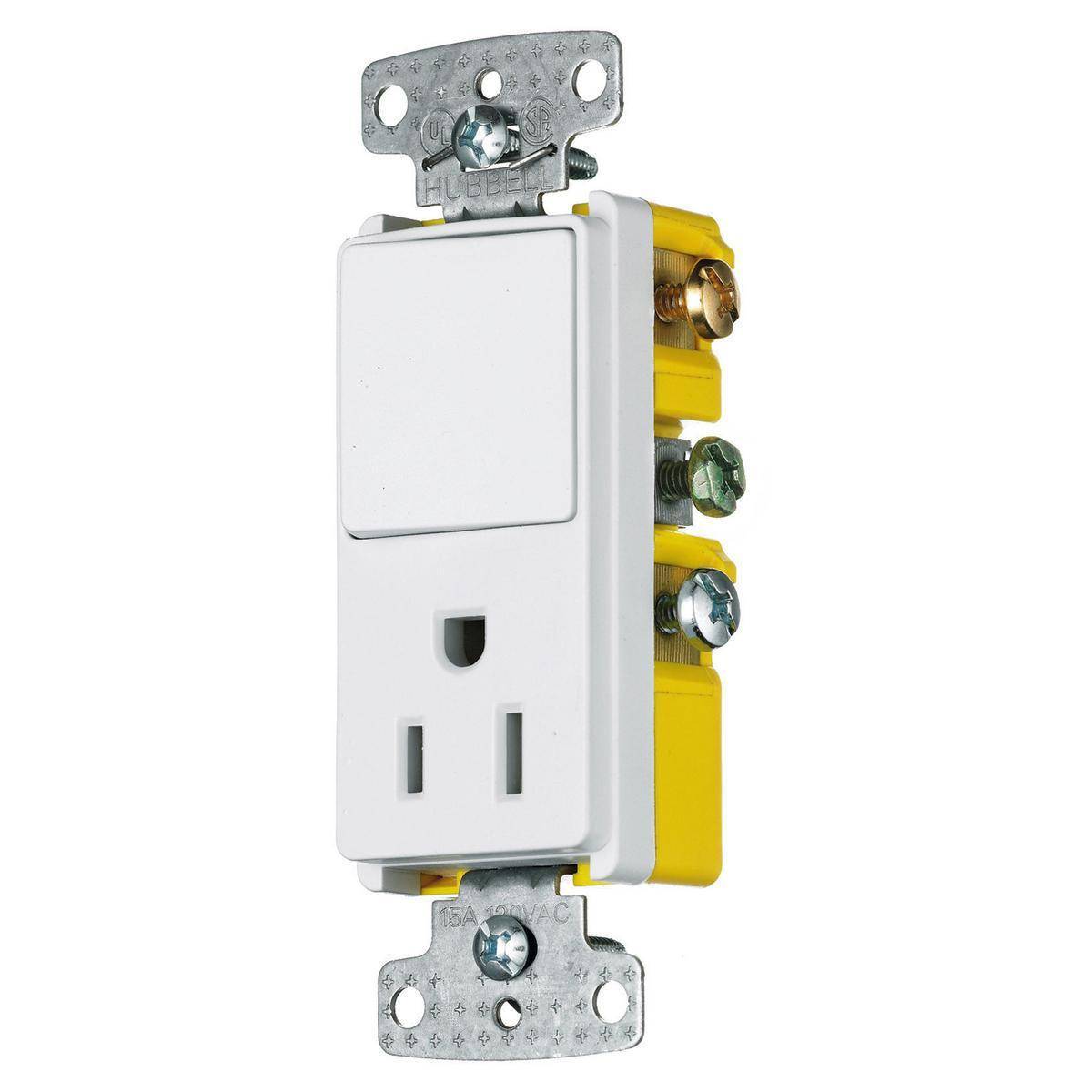 Wiring Device-Kellems RCD108W Decorator 2-Position Decorator Rocker Snap Action Standard Combination Switch and Receptacle, Electrical Ratings: 120/125 VAC, 15 A, 1875 W, 1 Poles, 3 Wires, 14 to 12 AWG Cu Wire, Snap Switch Reset