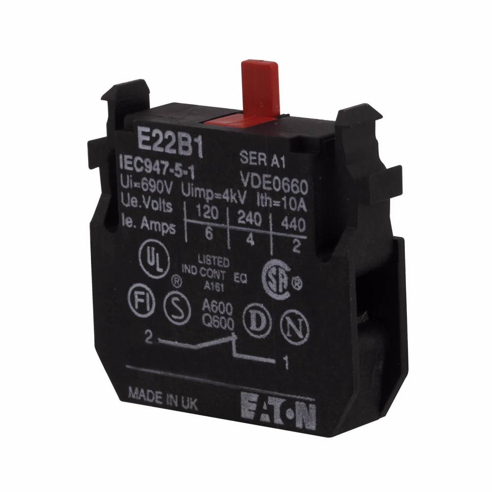 EATON E22B1 Heavy Duty Standard Contact Block, 22.5 mm, 1NC Contact, 10 A at 600 VAC, 2.5 A at 600 VDC Contact, Silver Contact