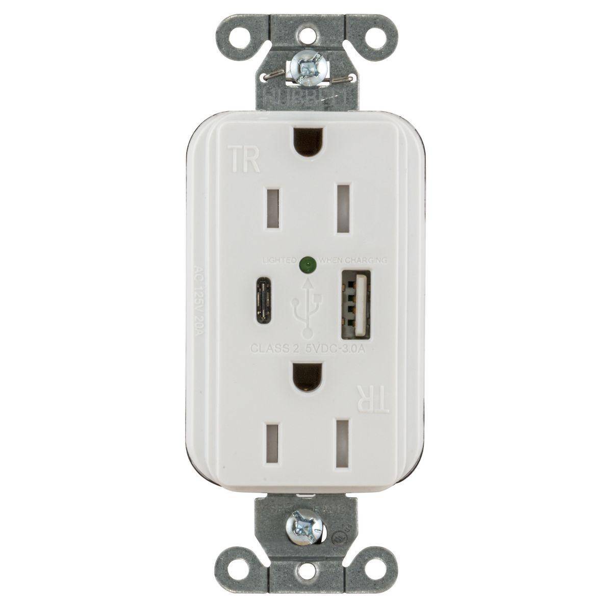 Wiring Device-Kellems SNAPConnect® Style Line® SNAP15UACW Decorator Duplex Grounding Temper-Resistant USB Charger Receptacle, 15 A, 125 VDC, 1875 W, 2 Poles, 3 Wires, White