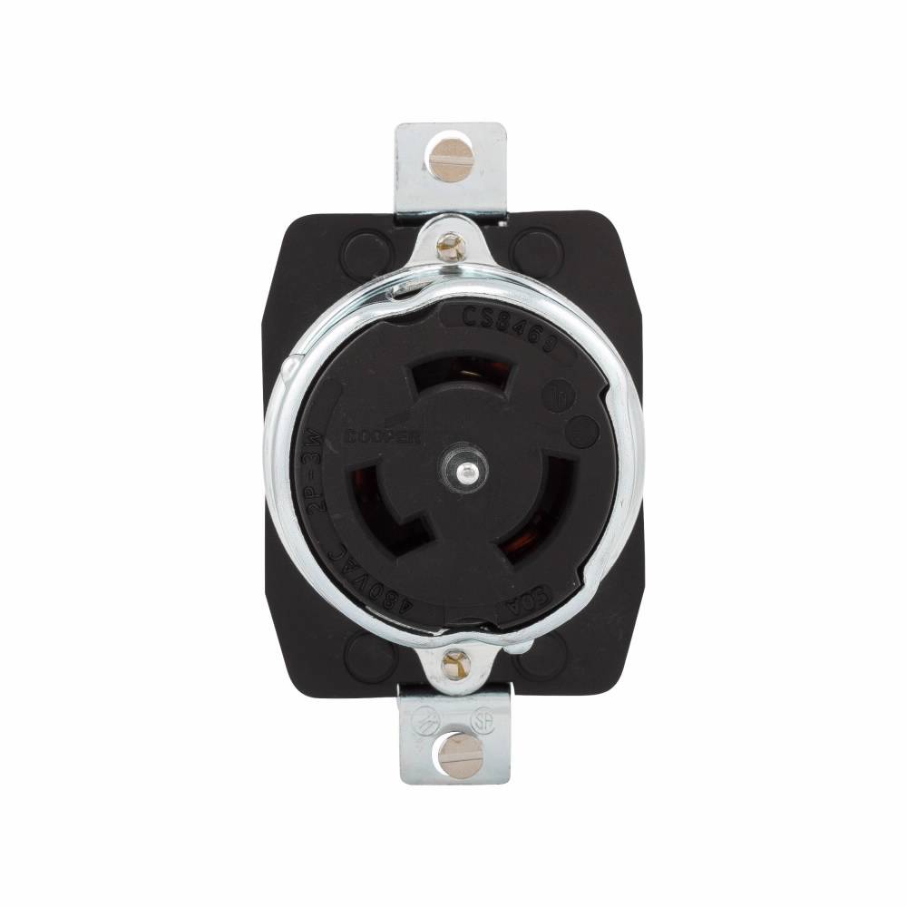 EATON CS8469 Single Locking Receptacle, 480 VAC, 50 A, 2 Poles, 3 Wires, Black