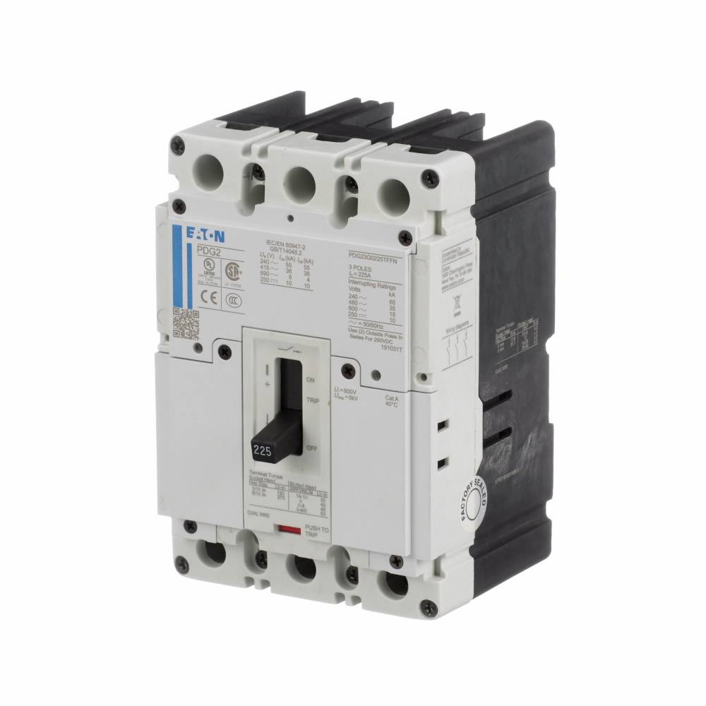 EATON Power Defense™ PDG23F0225TFFJ Power Defense Molded Case Circuit Breaker, 600 VAC, 225 A, 25 kA Interrupt, 3 Poles, T-M (Fxd-Fxd) TU Trip