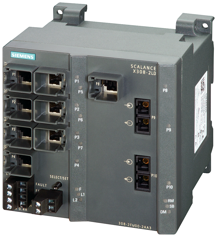 Siemens 6GK53082FM102AA3 SCALANCE X308-2LD Managed Plus Industrial Ethernet Switch, (8) RJ-45 Ports for Network Components & Terminal Equipment, (1) 2-Pole Terminal Block for Signaling Contact, (1) 4-Pole Terminal Block for Power Supply Interface