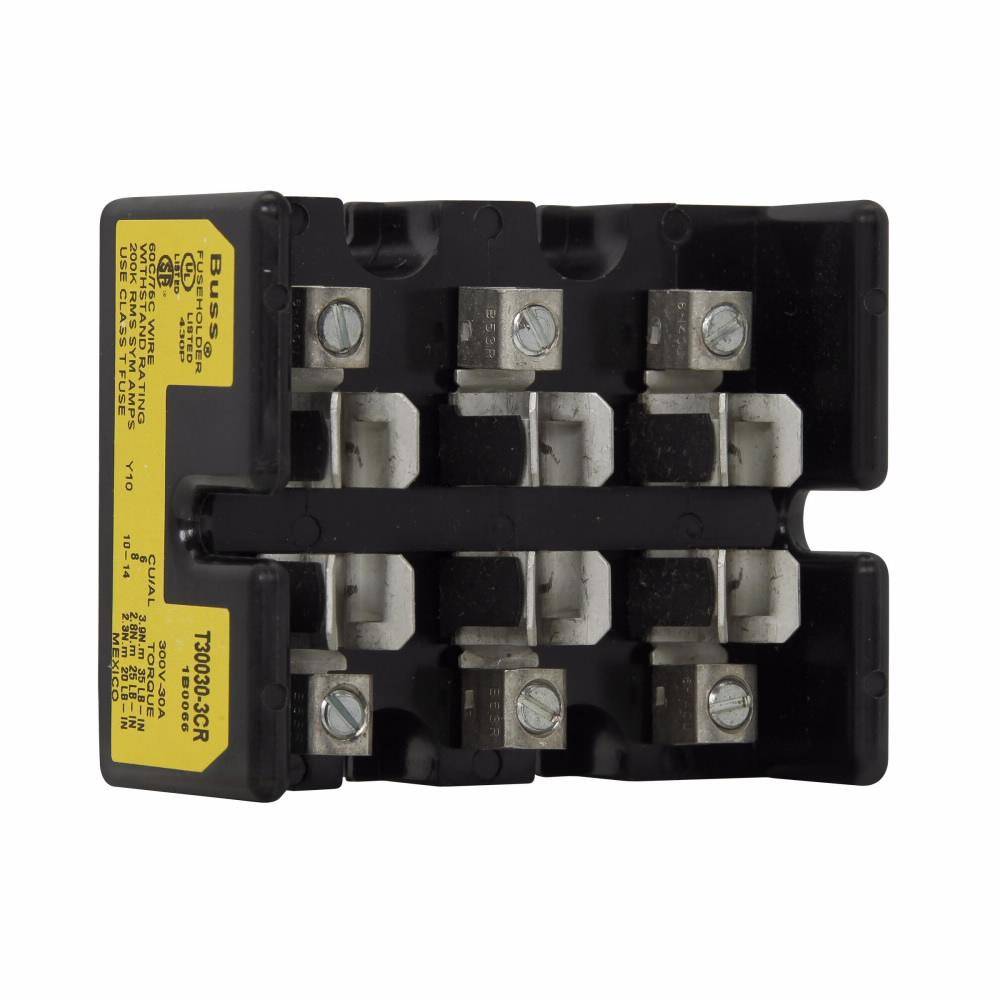 Edison T30030-3CR Open Style Fuse Block, 300 VAC/VDC, 1/2 to 30 A, T Class, 2 AWG Wire, 3 Poles