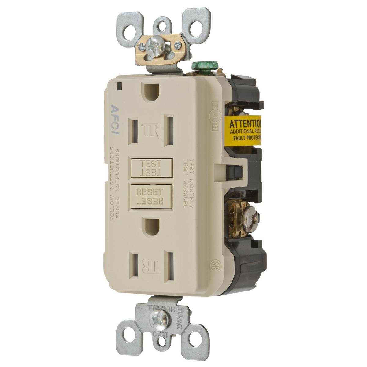 Wiring Device-Kellems AFR15TRI Decorator Duplex Standard Tamper Resistant Screw Mount Arc Fault Receptacle, 125 VAC, 15 A, 2 Poles, 3 Wires, Ivory