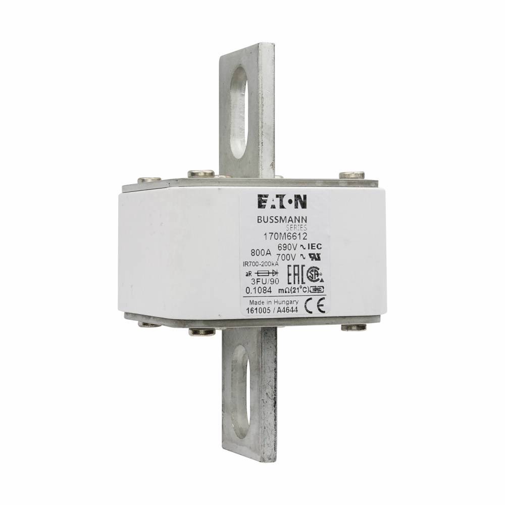 Bussmann 170M6612 Type FU US Style High Speed Fuse, 800 A, 690 V, 200 kA Interrupt, Class: aR, Square Body