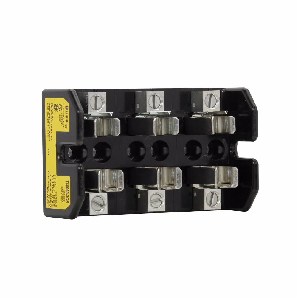 Edison T60060-3CR Open Style Fuse Block, 600 VAC/VDC, 31 to 60 A, T Class, 14 to 2 AWG Wire, 3 Poles