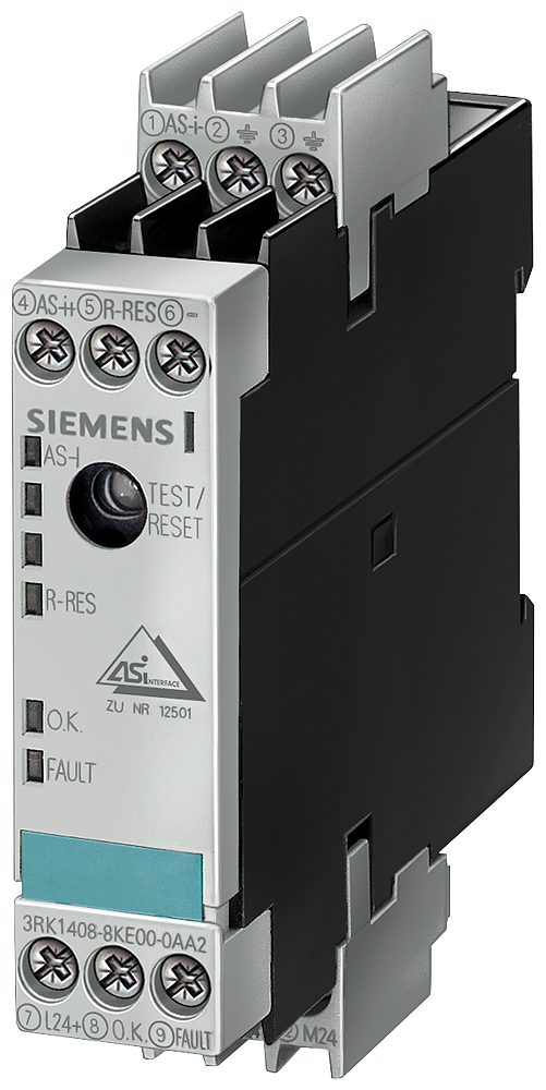 Siemens 3RK1408-8KE00-0AA2 AS-i Ground Fault Module, 1 Input, 2 Outputs, 1.5 to 6 mA Signal Range