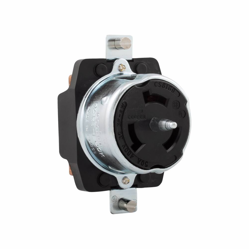 EATON CS8169 3-Phase Single Locking Receptacle, 480 VAC, 50 A, 3 Poles, 4 Wires, Black