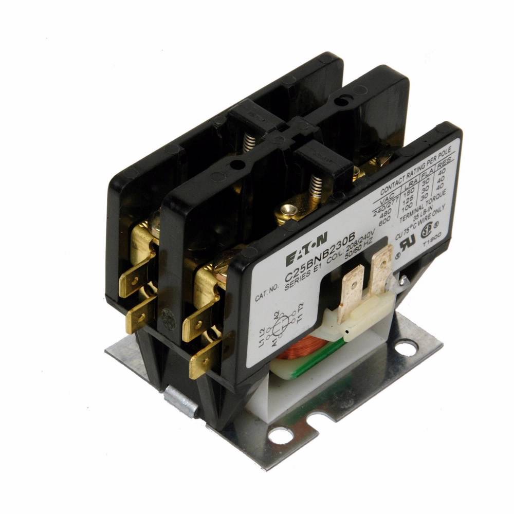 EATON C25BNB230B Non-Reversing Definite Purpose Control Contactor, 208 to 240 VAC V Coil, 30 A Inductive, 40 A Resistive, 2 Poles