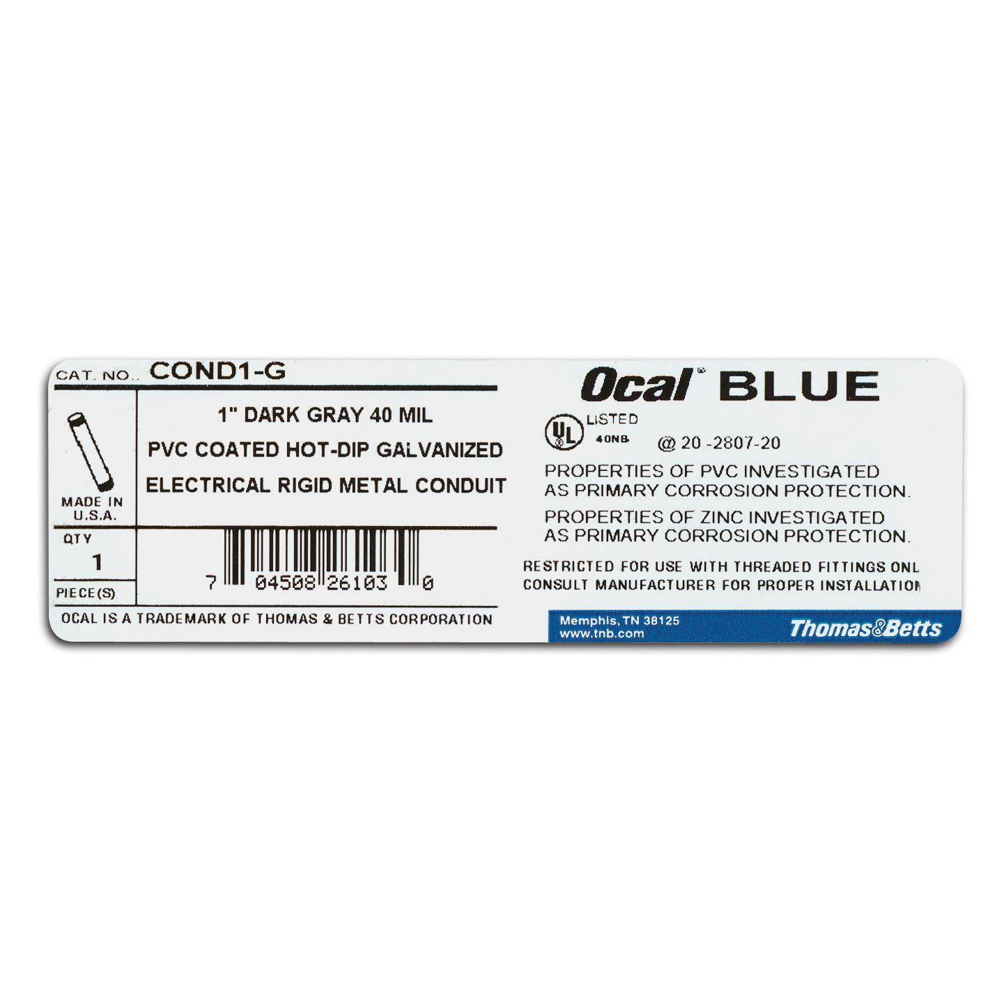 Ocal® COND1-1/4-B COND Rigid Conduit, 1-1/4 in Trade, 1.39 in Dia Inside x 1.74 in Dia Outside, 9.91 ft L, Steel
