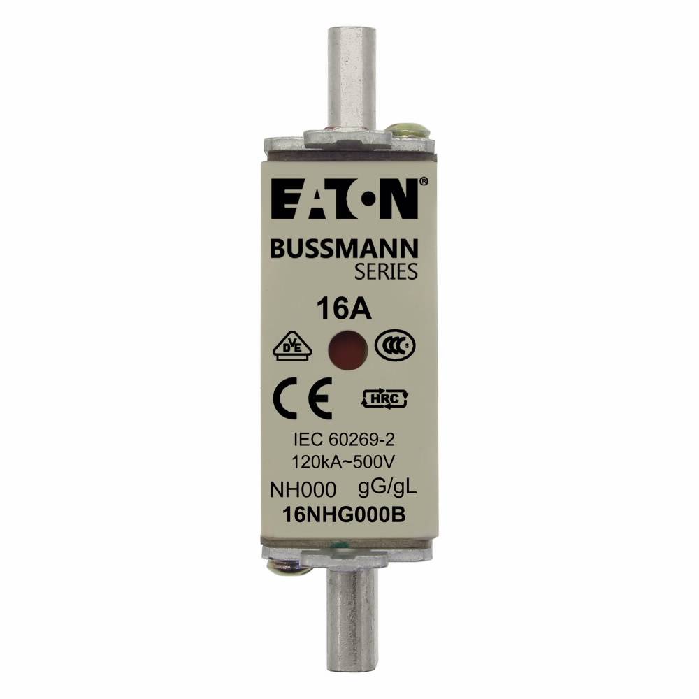 Edison Bussmann 16NHG000B Size 000 Dual Indicator NH Fuse Link, 500 V, 16 A, For Use With Bussmann NH Size Photovoltaic Fuse, Class C gG/gL Fuse, Ceramic