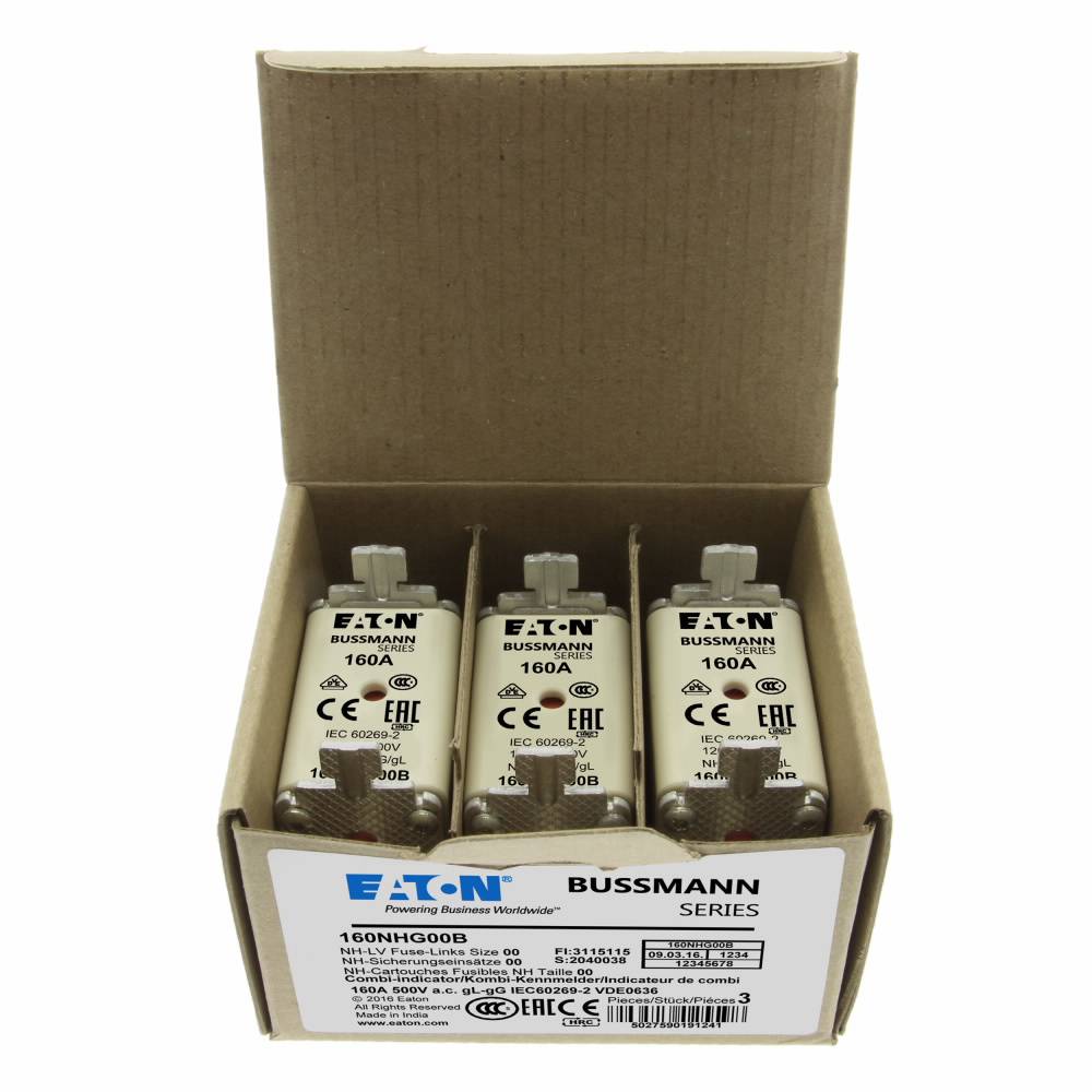 Bussmann 160NHG00B Size 00 Dual Indicator Low Voltage NH Fuse Link, 500 V, 160 A, For Use With NH Series Class C gG/gL Fuse, Ceramic