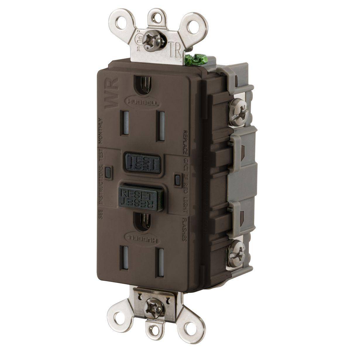 Wiring Device-Kellems AUTOGUARD® GF5262SG 1-Phase Duplex Extra Heavy Duty Grounding Standard Tamper-Resistant Weather-Resistant Screw Mount Self Test GFCI Receptacle, 125 VAC, 15 A, 2 Poles, 3 Wires, Brown