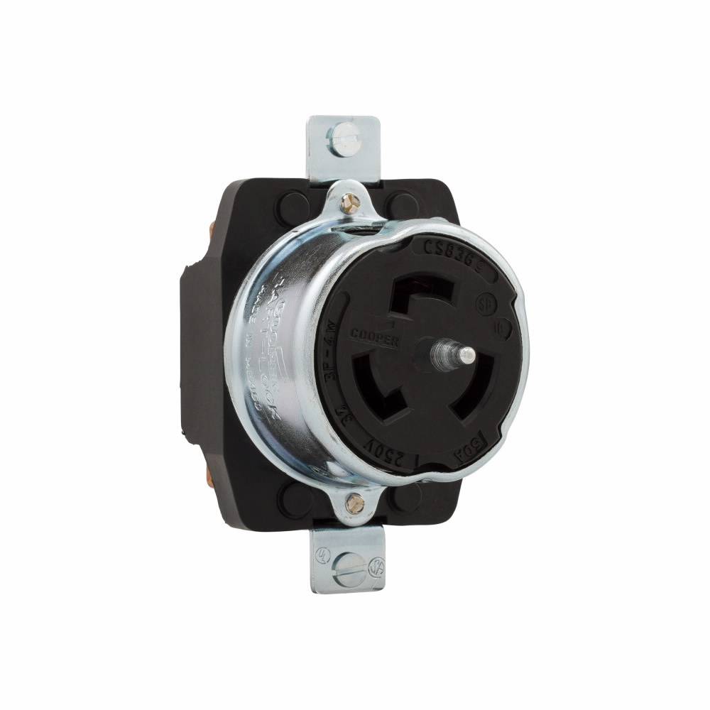 EATON CS8369 3-Phase Single Locking Receptacle, 250 VAC, 50 A, 3 Poles, 4 Wires, Black