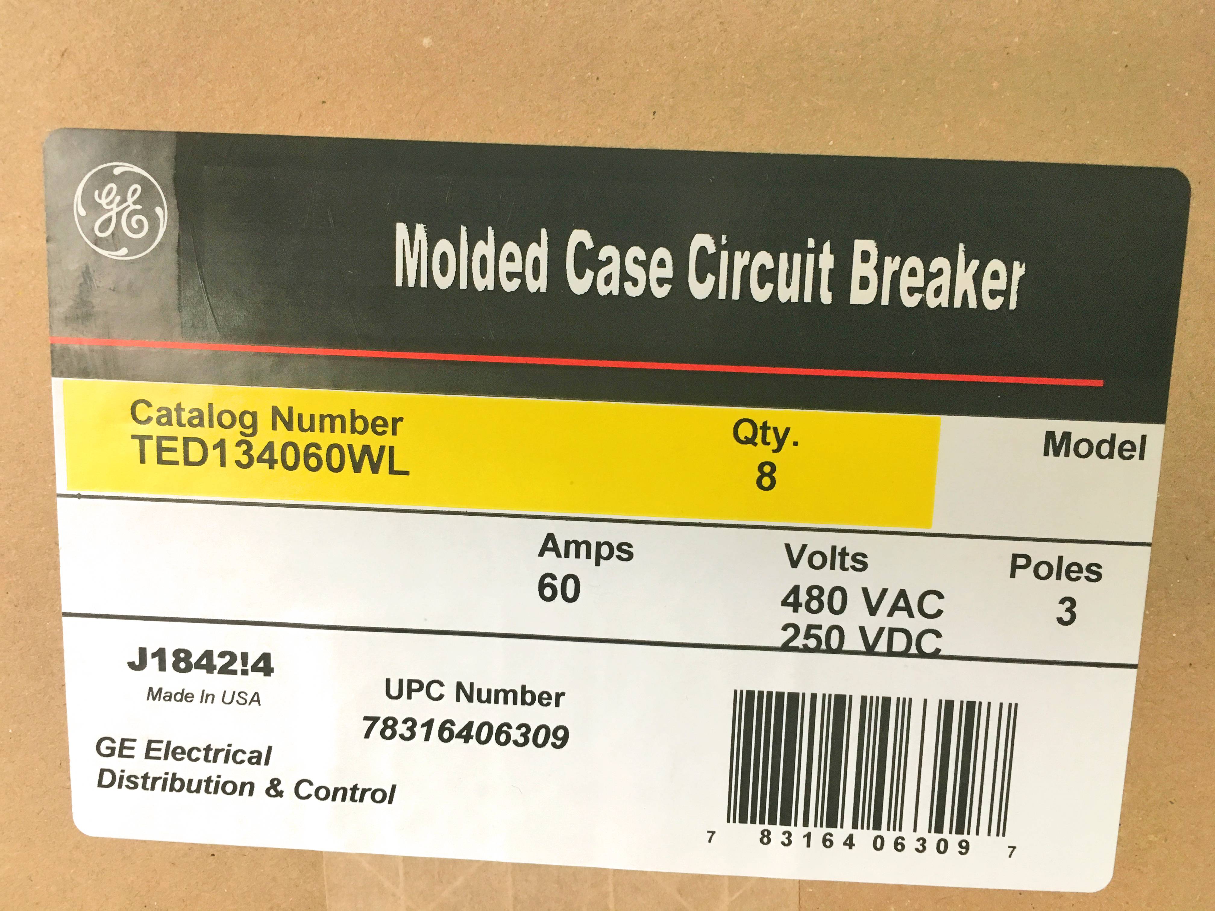 GE TED134060WL Molded Case Circuit Breaker, 480 VAC/500 VDC, 60 A, 18 kA AC, 10 kA DC, 14 kA AC Interrupt, 3 Poles, LI/Non-Interchangeable Thermal Magnetic Trip