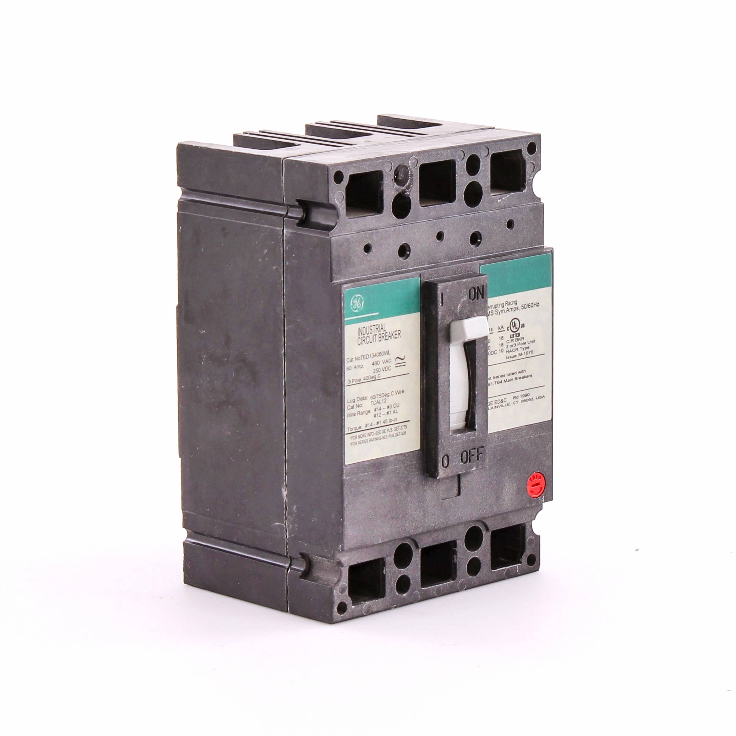 GE TED134060WL Molded Case Circuit Breaker, 480 VAC/500 VDC, 60 A, 18 kA AC, 10 kA DC, 14 kA AC Interrupt, 3 Poles, LI/Non-Interchangeable Thermal Magnetic Trip