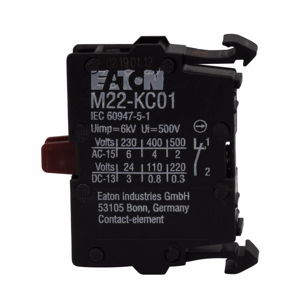 EATON RMQ-Titan® M22-KC01 Contact Block, 22.5 mm, 1NC Contact, 4 A at 230 VAC, 2 A at 500 VAC Contact, Momentary Action, Black