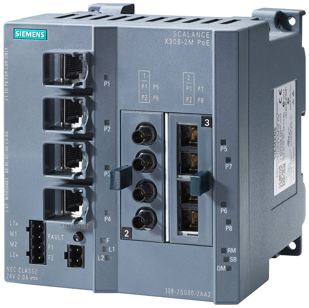 Siemens SCALANCE 6GK53082QG002AA2 X308-2M Managed Compact IE Switch, RJ-45 Port, Telnet/HTTP/HTTPS/TFTP/FTP/BOOTP/GMRP/DCP/LLDP/SNMP v1/SNMP v2/SNMP v3/IGMP Protocol