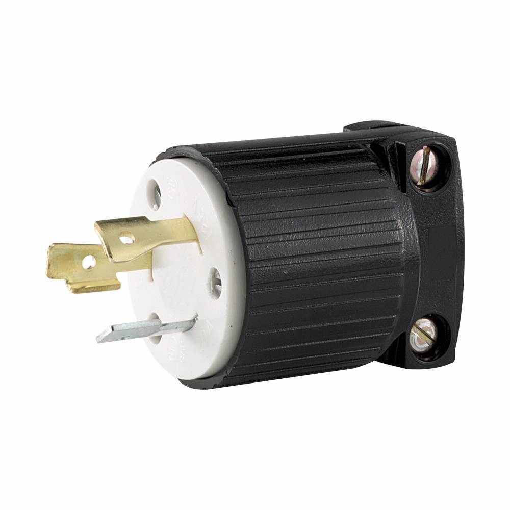 EATON Eaton Wiring Devices Arrow Hart™ L520P Grounding Straight Locking Plug, 125 VAC, 20 A, 2 Poles, 3 Wires, Black/White