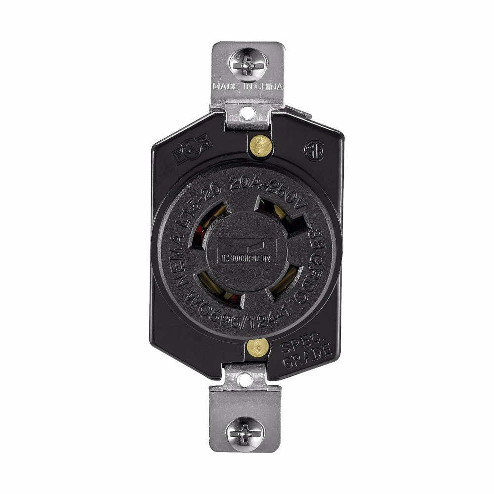 EATON Arrow Hart™ Eaton Wiring Devices L1520R L1520 3-Phase Single Watertight Straight Blade Receptacle, 250 VAC, 20 A, 3 Poles, 4 Wires, Black