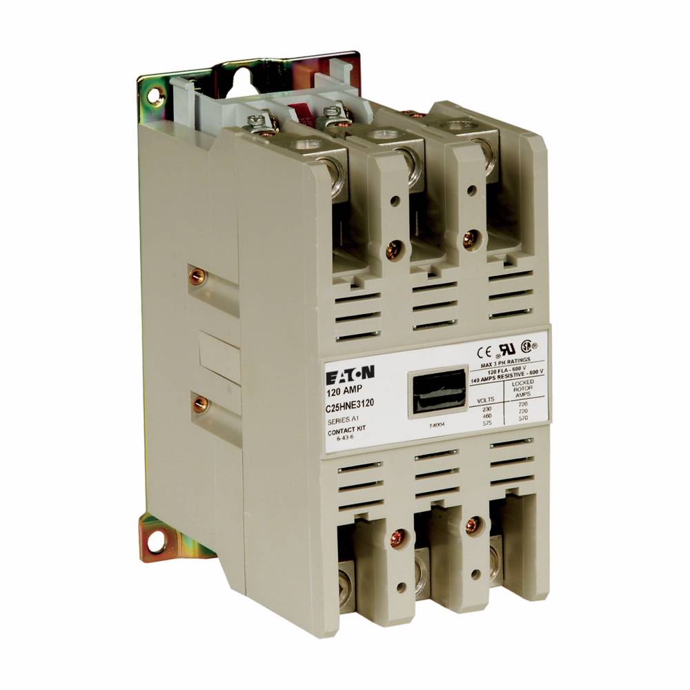 EATON C25HNE3120T Non-Reversing Definite Purpose Contactor, 24 VAC at 50/60 Hz V Coil, 120 A Inductive, 140 A Resistive, 3 Poles