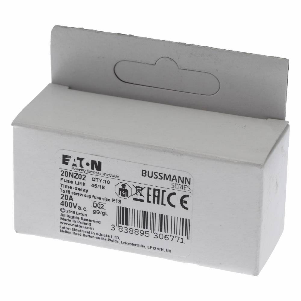 Edison 20NZ02 NZ Series Type D0 Time Delay Neozed Fuse, 20 A, 400 VAC, 50 kA Interrupt, Class: gG/gL, Cartridge Body