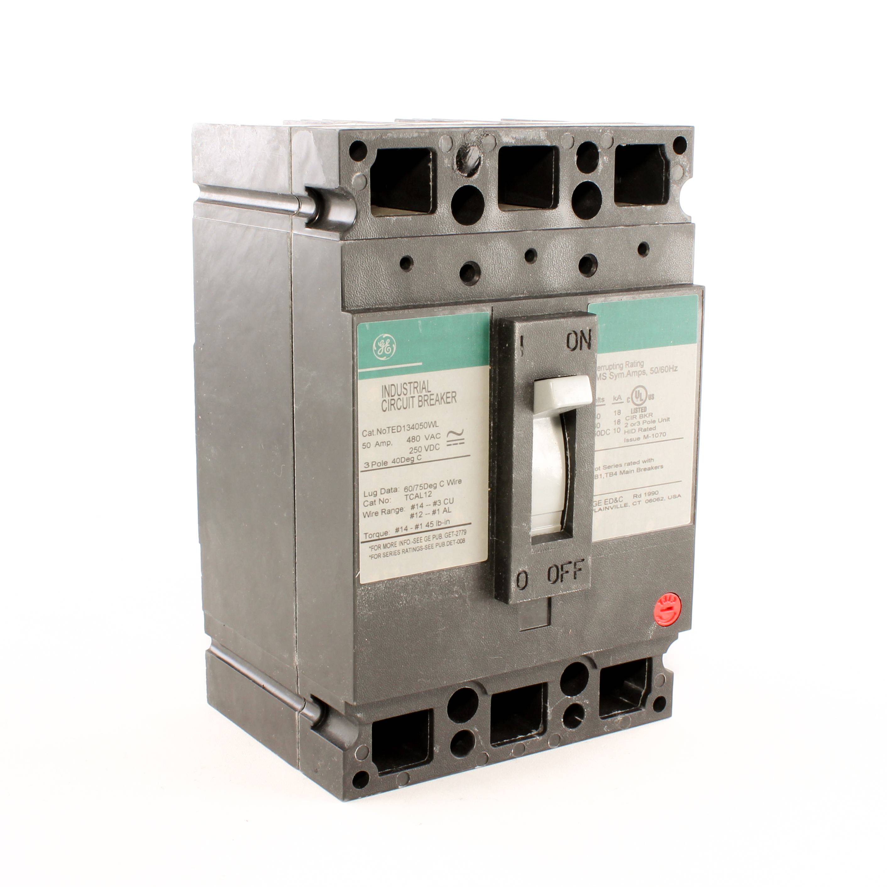 GE TED134050WL Type TED Core E Mid Tier Molded Case Circuit Breaker With Copper/Aluminum Line and Load Lug, 480 VAC, 50 A, 18 kA Interrupt, 3 Poles, LI/Non-Interchangeable Thermal Magnetic Trip