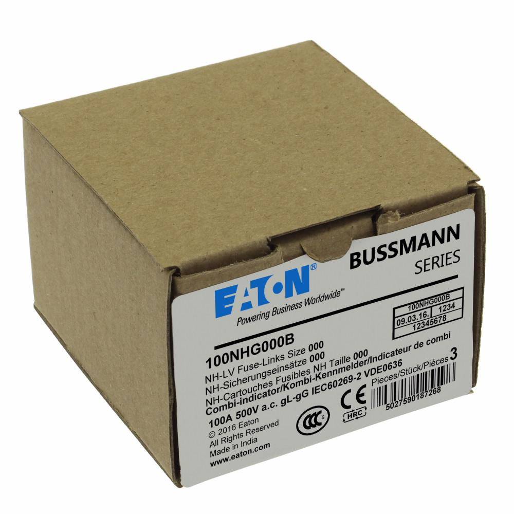 EATON Bussmann Edison 100NHG000B Size 000 Dual Indicator NH Fuse Link, 500 V, 100 A, For Use With Bussmann NH Size Photovoltaic Fuse, Class C gG/gL Fuse, Ceramic