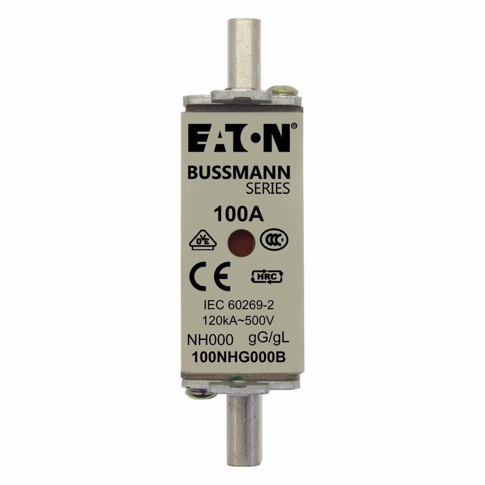 EATON Bussmann Edison 100NHG000B Size 000 Dual Indicator NH Fuse Link, 500 V, 100 A, For Use With Bussmann NH Size Photovoltaic Fuse, Class C gG/gL Fuse, Ceramic