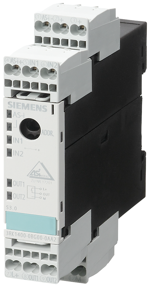 Siemens 3RK1400-0BG00-0AA2 AS-I SlimLine Standard Slave Digital I/O Module, 2 Inputs, 2 Outputs
