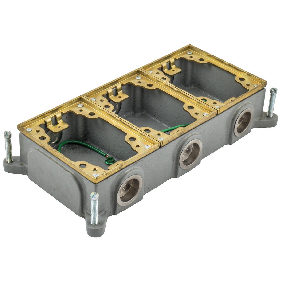 Wiring Device-Kellems B4314 Semi Adjustable Shallow Standard Sized Floor Box, Cast Iron, 16 cu-in/Gang Capacity, 3 Gangs, 6 Knockouts, 5.46 in L x 10.7 in W x 2 in H