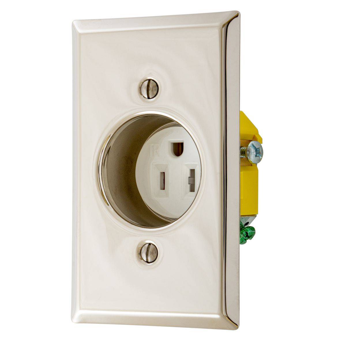Wiring Device-Kellems RR151CHSSTR Single Standard Tamper Resistant Screw Mount Clock Hanger Recessed Receptacle, 125 VAC, 15 A, 2 Poles, 3 Wires, Stainless Steel