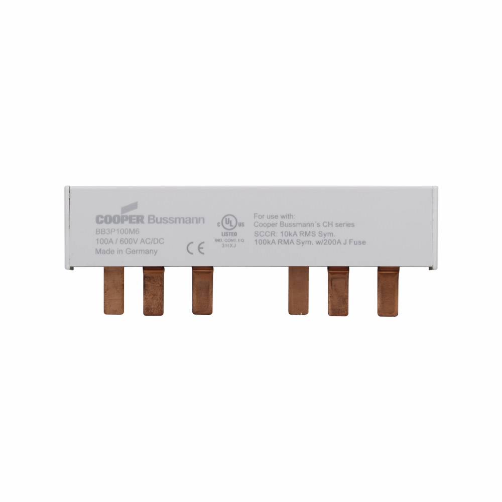 Bussmann BB3P100M6 6-Pin Modular Combination Busbar With Endcaps Assembled, For Use With Class CC, Midget and PV Fuses, 600 VAC/VDC, 100 A, 3 ph, Class J, 17.8 mm Pitch