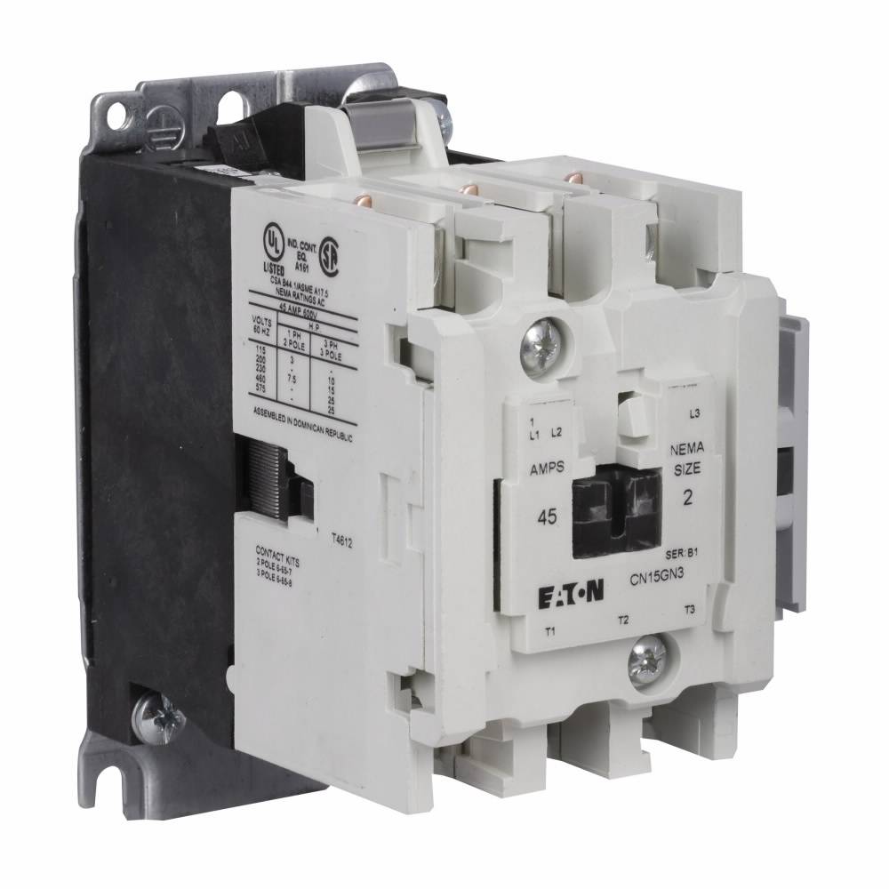 EATON CN15GN3AB Freedom 1/3-Phase G-Frame Non-Reversing NEMA Contactor With Steel Mounting Plate, 110/120 VAC V Coil, 45 A, 1NO Contact, 3 Poles