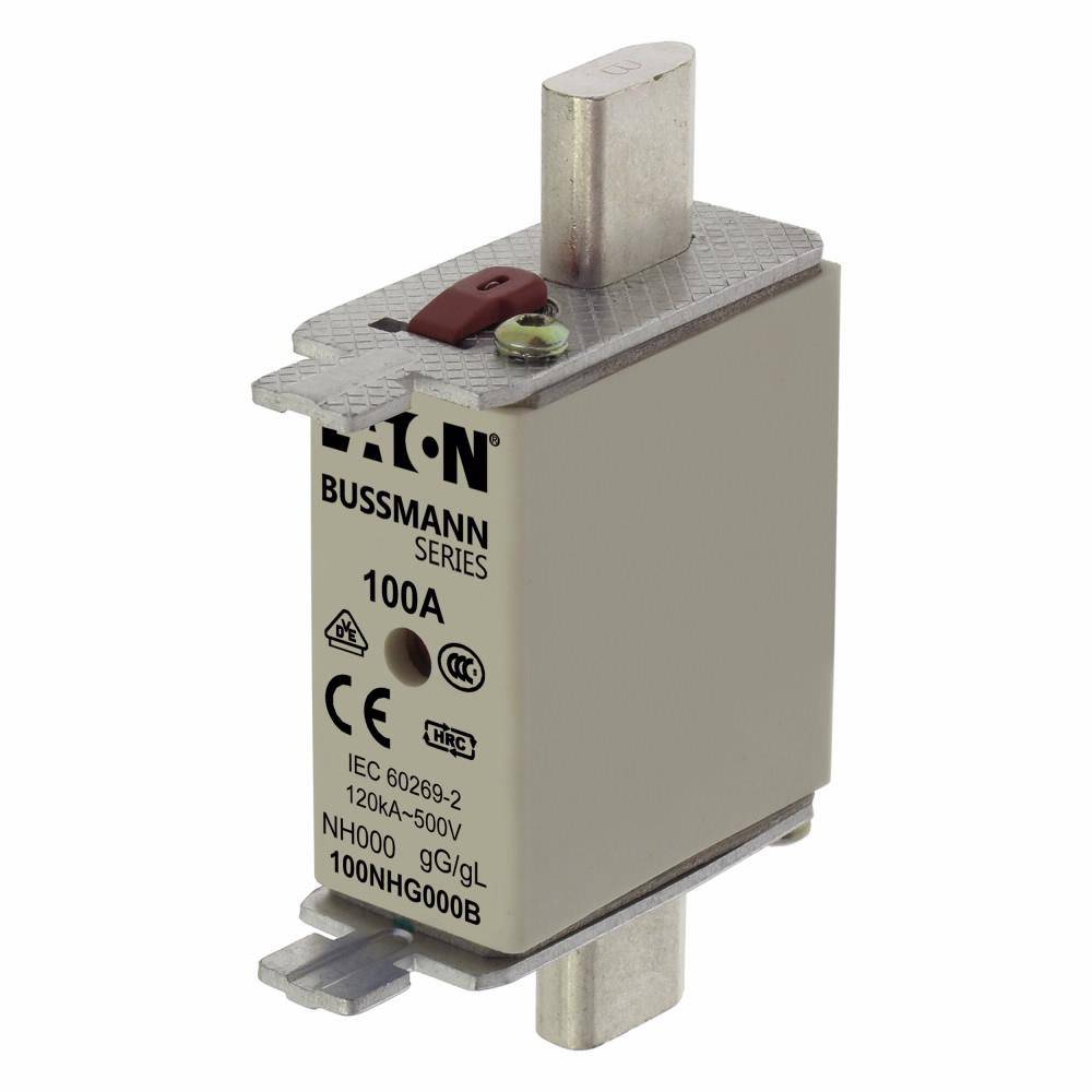 EATON Bussmann Edison 100NHG000B Size 000 Dual Indicator NH Fuse Link, 500 V, 100 A, For Use With Bussmann NH Size Photovoltaic Fuse, Class C gG/gL Fuse, Ceramic