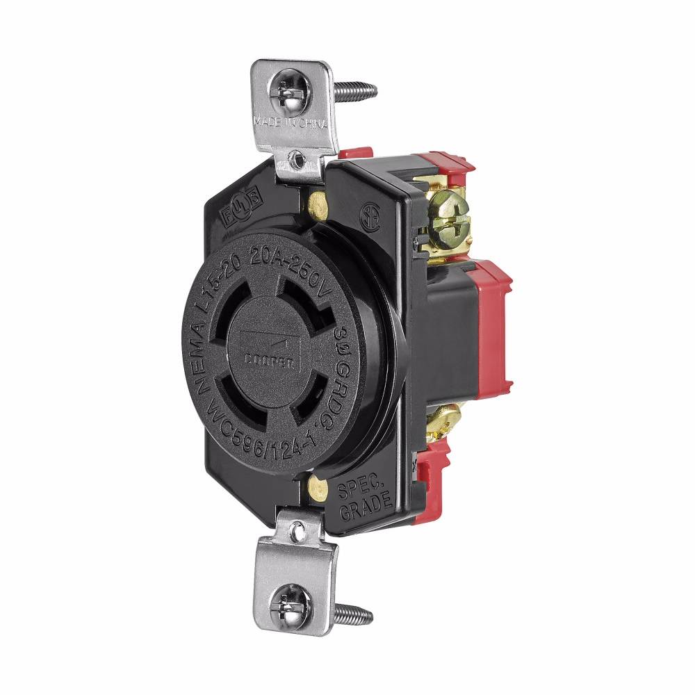 EATON Arrow Hart™ Eaton Wiring Devices L1520R L1520 3-Phase Single Watertight Straight Blade Receptacle, 250 VAC, 20 A, 3 Poles, 4 Wires, Black
